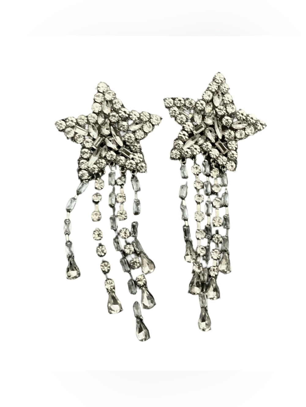 Rhinestone Star Chandelier Statement Earrings Silver Tone